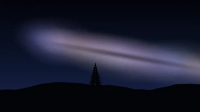 Fond d'écran ciel étoilé et voie lactée au-dessus d’une colline avec un sapin, teintes voie lactée