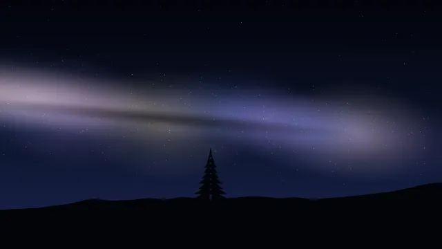 Fond d'écran ciel étoilé et voie lactée au-dessus d’une colline avec un sapin, teintes voie lactée