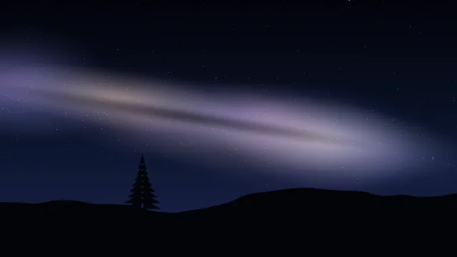 Fond d'écran ciel étoilé et voie lactée au-dessus d’une colline avec un sapin, teintes voie lactée