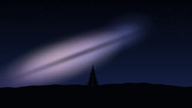 Fond d'écran ciel étoilé et voie lactée au-dessus d’une colline avec un sapin, teintes voie lactée