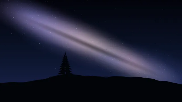 Fond d'écran ciel étoilé et voie lactée au-dessus d’une colline avec un sapin, teintes voie lactée