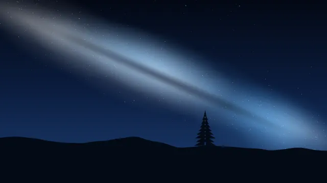 Fond d'écran ciel étoilé et voie lactée au-dessus d’une colline avec un sapin, teintes bleu nuit