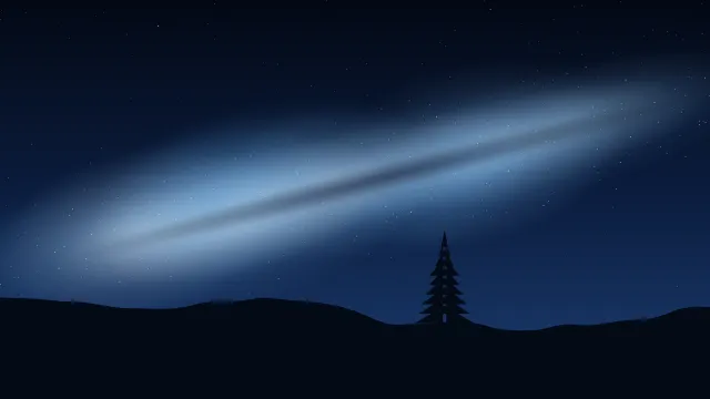 Fond d'écran ciel étoilé et voie lactée au-dessus d’une colline avec un sapin, teintes bleu nuit