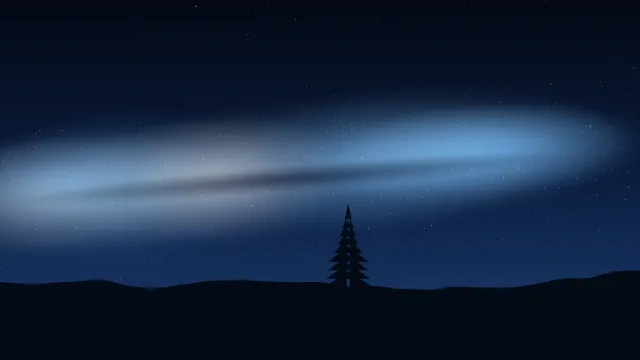 Fond d'écran ciel étoilé et voie lactée au-dessus d’une colline avec un sapin, teintes bleu nuit