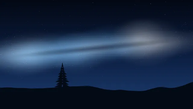 Fond d'écran ciel étoilé et voie lactée au-dessus d’une colline avec un sapin, teintes bleu nuit