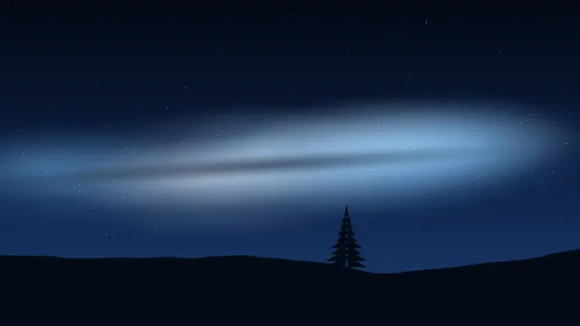 Fond d'écran ciel étoilé et voie lactée au-dessus d’une colline avec un sapin, teintes bleu nuit
