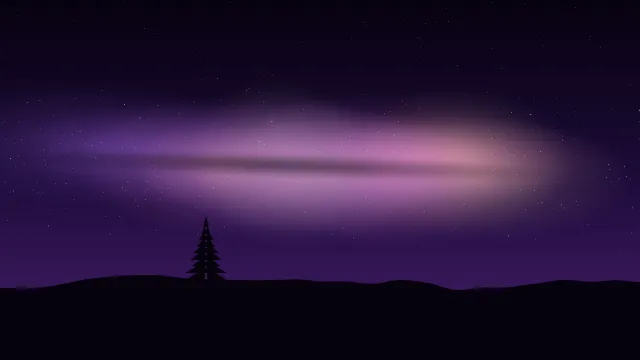 Fond d'écran ciel étoilé et voie lactée au-dessus d’une colline avec un sapin, teintes violet