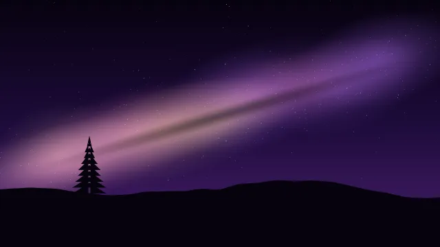 Fond d'écran ciel étoilé et voie lactée au-dessus d’une colline avec un sapin, teintes violet