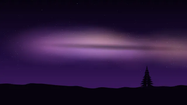 Fond d'écran ciel étoilé et voie lactée au-dessus d’une colline avec un sapin, teintes violet