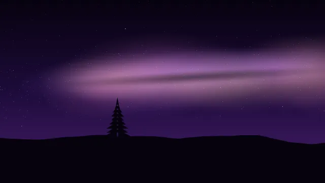 Fond d'écran ciel étoilé et voie lactée au-dessus d’une colline avec un sapin, teintes violet