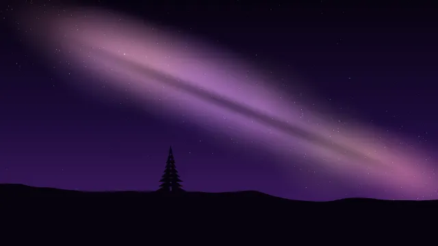 Fond d'écran ciel étoilé et voie lactée au-dessus d’une colline avec un sapin, teintes violet
