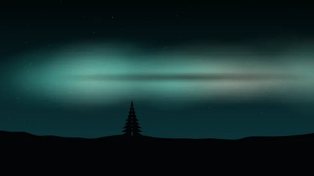 Fond d'écran ciel étoilé et voie lactée au-dessus d’une colline avec un sapin, teintes sarcelle