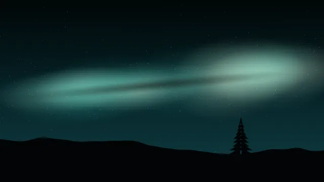 Fond d'écran ciel étoilé et voie lactée au-dessus d’une colline avec un sapin, teintes sarcelle