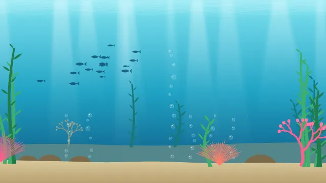 Fond d'écran fond marin : rayons de lumière, bulles, coraux, algues et banc de poissons, teintes lagon