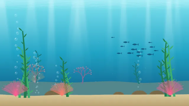 Fond d'écran fond marin : rayons de lumière, bulles, coraux, algues et banc de poissons, teintes lagon