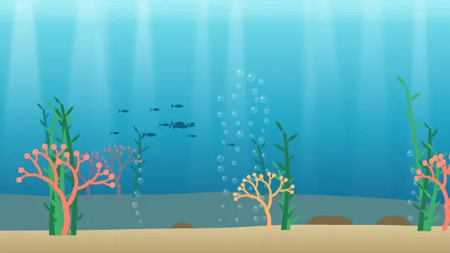 Fond d'écran fond marin : rayons de lumière, bulles, coraux, algues et banc de poissons, teintes lagon