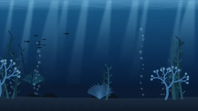 Fond d'écran fond marin : rayons de lumière, bulles, coraux, algues et banc de poissons, teintes abysses