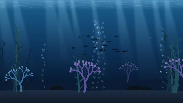 Fond d'écran fond marin : rayons de lumière, bulles, coraux, algues et banc de poissons, teintes abysses