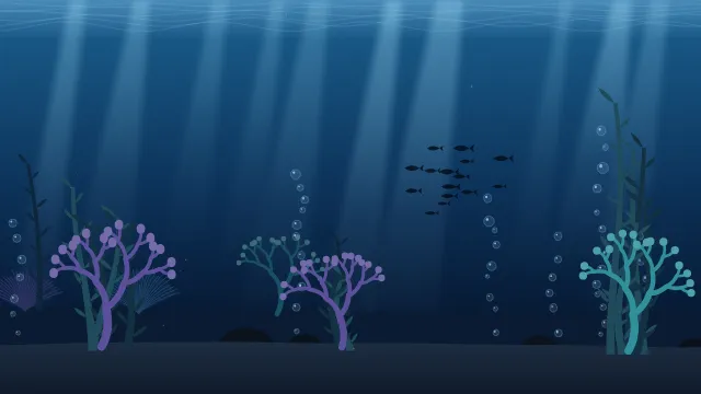 Fond d'écran fond marin : rayons de lumière, bulles, coraux, algues et banc de poissons, teintes abysses