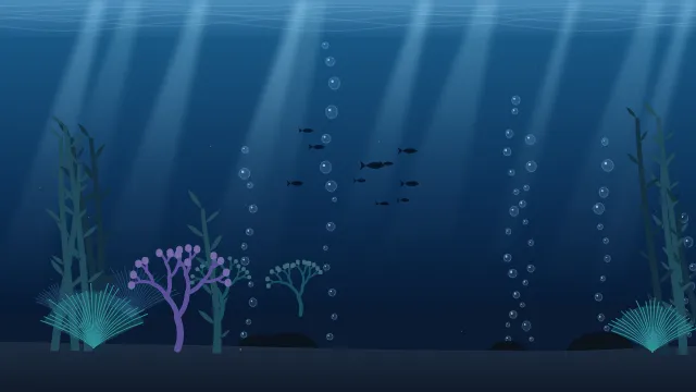 Fond d'écran fond marin : rayons de lumière, bulles, coraux, algues et banc de poissons, teintes abysses