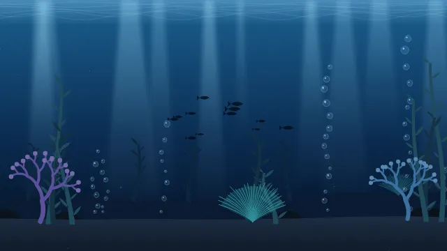 Fond d'écran fond marin : rayons de lumière, bulles, coraux, algues et banc de poissons, teintes abysses