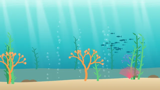 Fond d'écran fond marin : rayons de lumière, bulles, coraux, algues et banc de poissons, teintes récif