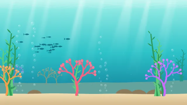 Fond d'écran fond marin : rayons de lumière, bulles, coraux, algues et banc de poissons, teintes récif