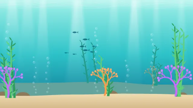 Fond d'écran fond marin : rayons de lumière, bulles, coraux, algues et banc de poissons, teintes récif