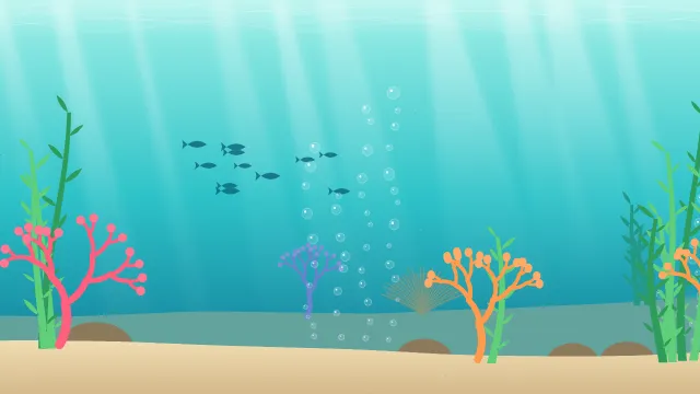 Fond d'écran fond marin : rayons de lumière, bulles, coraux, algues et banc de poissons, teintes récif