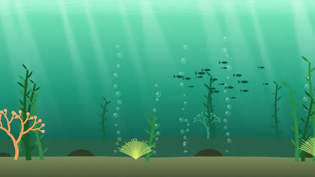 Fond d'écran fond marin : rayons de lumière, bulles, coraux, algues et banc de poissons, teintes émeraude