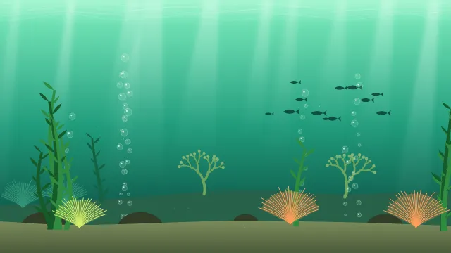 Fond d'écran fond marin : rayons de lumière, bulles, coraux, algues et banc de poissons, teintes émeraude