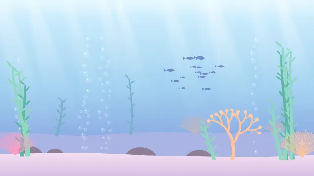 Fond d'écran fond marin : rayons de lumière, bulles, coraux, algues et banc de poissons, teintes pastel