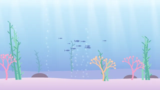 Fond d'écran fond marin : rayons de lumière, bulles, coraux, algues et banc de poissons, teintes pastel