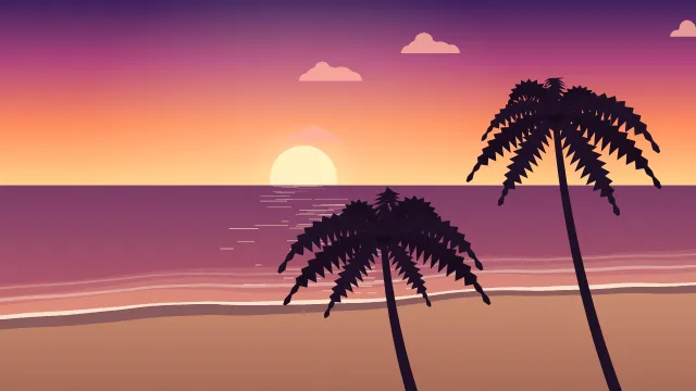 Fond d'écran plage tropicale : mer turquoise, écume, sable et palmiers, teintes coucher tropical