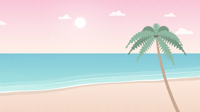 Fond d'écran plage tropicale : mer turquoise, écume, sable et palmiers, teintes pastel