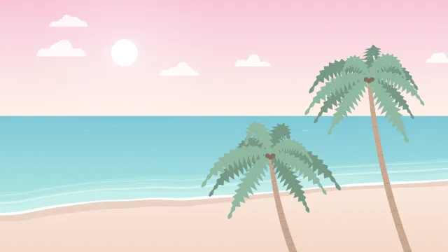 Fond d'écran plage tropicale : mer turquoise, écume, sable et palmiers, teintes pastel