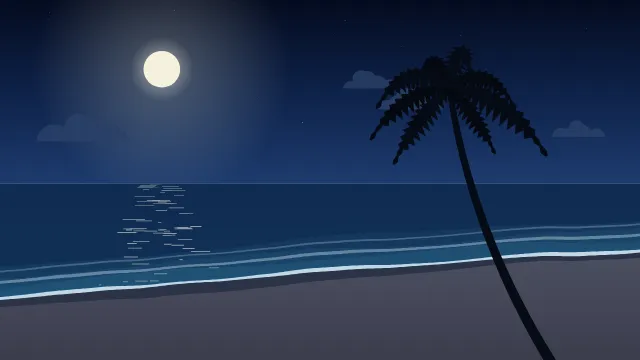 Fond d'écran plage tropicale : mer turquoise, écume, sable et palmiers, teintes nuit tropicale
