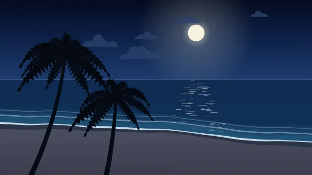 Fond d'écran plage tropicale : mer turquoise, écume, sable et palmiers, teintes nuit tropicale
