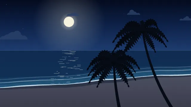 Fond d'écran plage tropicale : mer turquoise, écume, sable et palmiers, teintes nuit tropicale