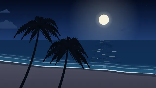 Fond d'écran plage tropicale : mer turquoise, écume, sable et palmiers, teintes nuit tropicale