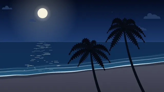 Fond d'écran plage tropicale : mer turquoise, écume, sable et palmiers, teintes nuit tropicale
