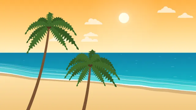 Fond d'écran plage tropicale : mer turquoise, écume, sable et palmiers, teintes été doré