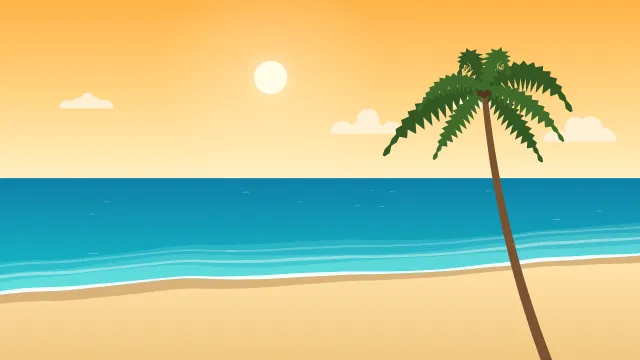Fond d'écran plage tropicale : mer turquoise, écume, sable et palmiers, teintes été doré