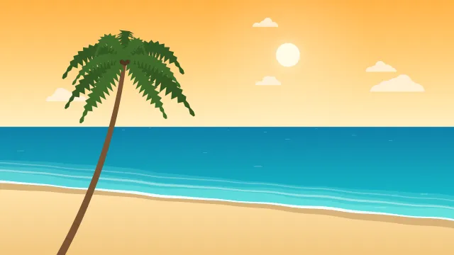 Fond d'écran plage tropicale : mer turquoise, écume, sable et palmiers, teintes été doré