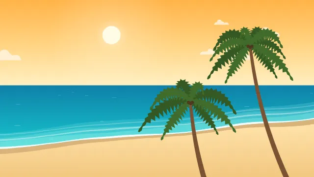 Fond d'écran plage tropicale : mer turquoise, écume, sable et palmiers, teintes été doré