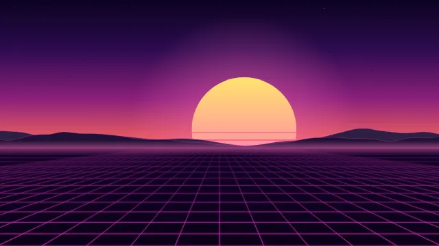 Fond d'écran soleil rétro rayé et grille néon à l’horizon, style synthwave, teintes rétro