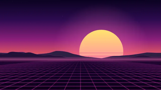 Fond d'écran soleil rétro rayé et grille néon à l’horizon, style synthwave, teintes rétro