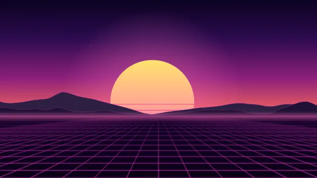 Fond d'écran soleil rétro rayé et grille néon à l’horizon, style synthwave, teintes rétro
