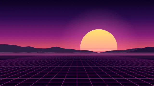 Fond d'écran soleil rétro rayé et grille néon à l’horizon, style synthwave, teintes rétro