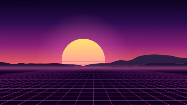 Fond d'écran soleil rétro rayé et grille néon à l’horizon, style synthwave, teintes rétro